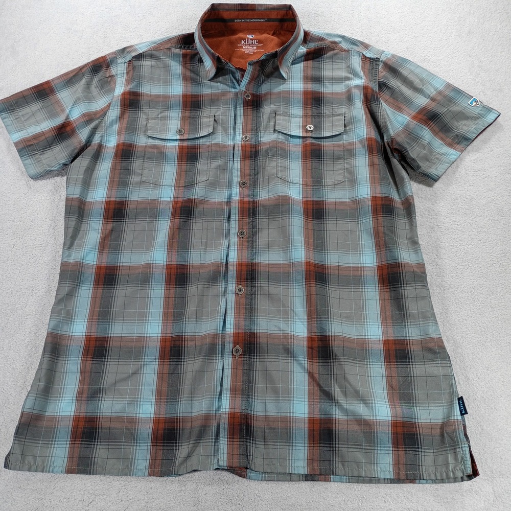 Kuhl Mens Plaid Button Down Shirt Blue Grey Medium Short Sleeve Hiking